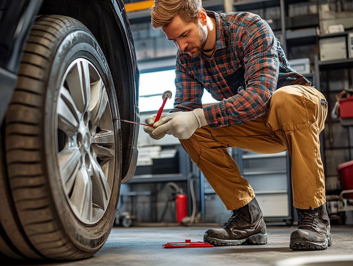 A technician performing a visual inspection on vehicle tires