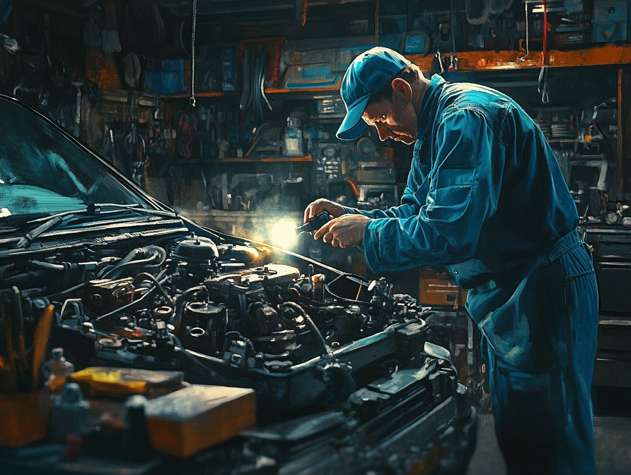 A mechanic analyzing a report on a used vehicle