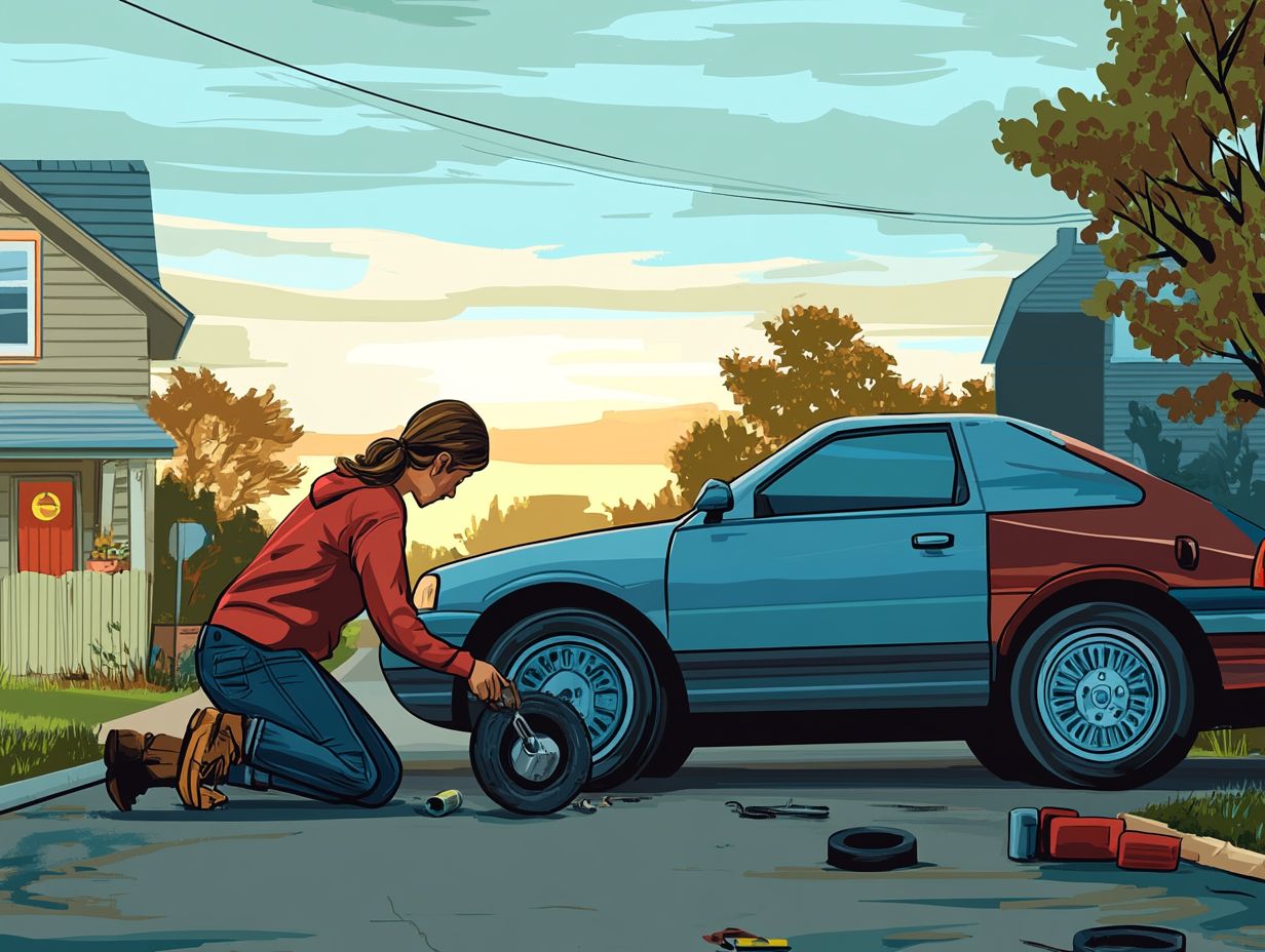 An illustrated guide showing the steps involved in changing a flat tire.